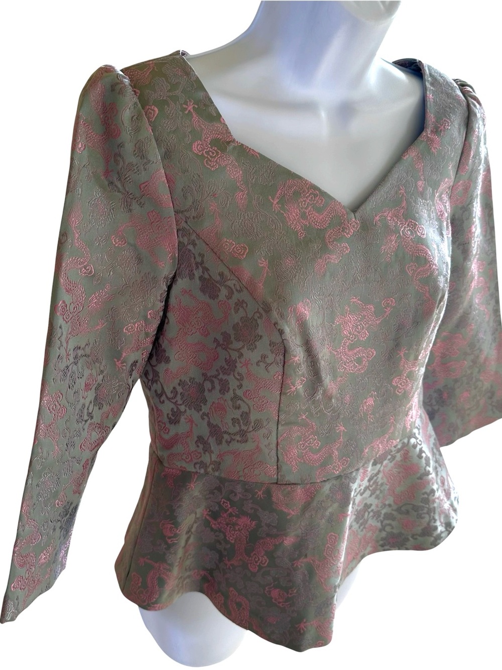 Vintage Sky Blue and Pink Brocade 3/4 Sleeves Peplum Top